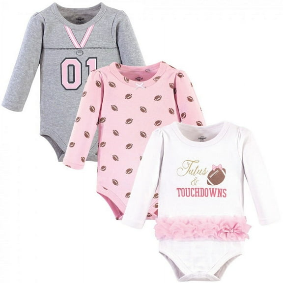 Little Treasure Baby Girl Cotton Long-Sleeve Bodysuits 3pk, Tutus Touchdowns, 0-3 Months