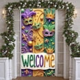 thumbnail image 3 of Colorful Mask Mardi Gras Banner Feather Adorned Carnival Display Purple Green Yellow Gold Accent Festive Backdrop for Carnival Party Mardi Gras Celebration Indoor Event, 3 of 9