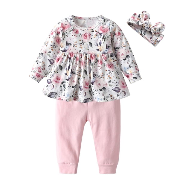 3 Piezas De Ropa Para Bebé Niña Con Volantes Y Camisa Floral, Tops, Pantalones, Diadema (Rosa 9-12 Meses)
