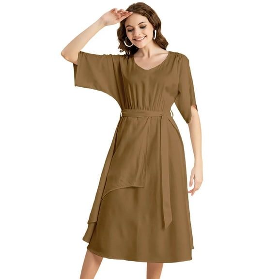 Moomaya V Neck Solid Rayon Short Sleeve Maxi Dress - Women's Boho Maxi Dress