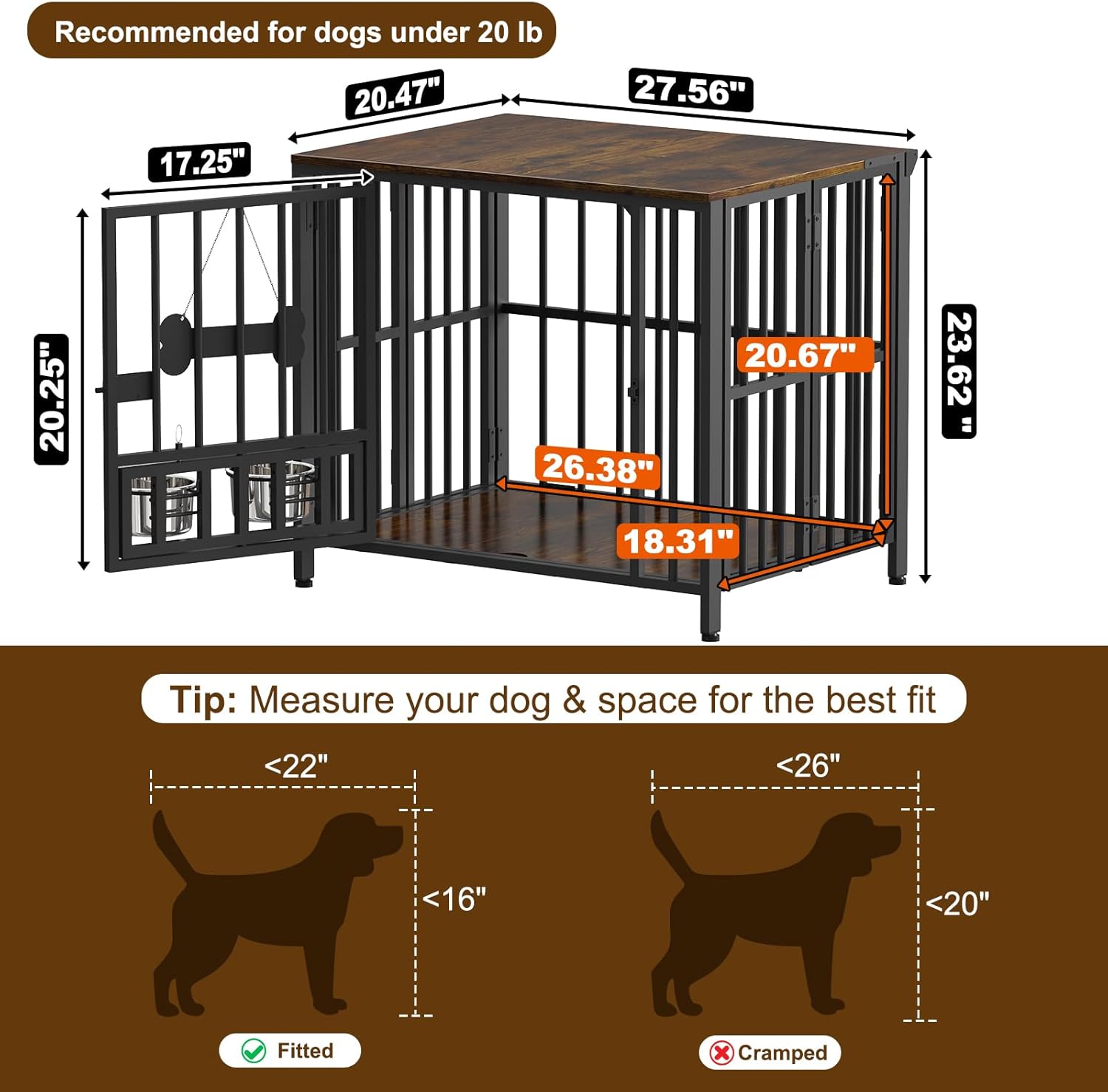 POAO 27" Dog Crate Furniture Foldable, No Assembly Decorative Dog Kennel Indoor with Adjustable Bowls and Name Tag,Small Size (Under 20 lb),Brown
