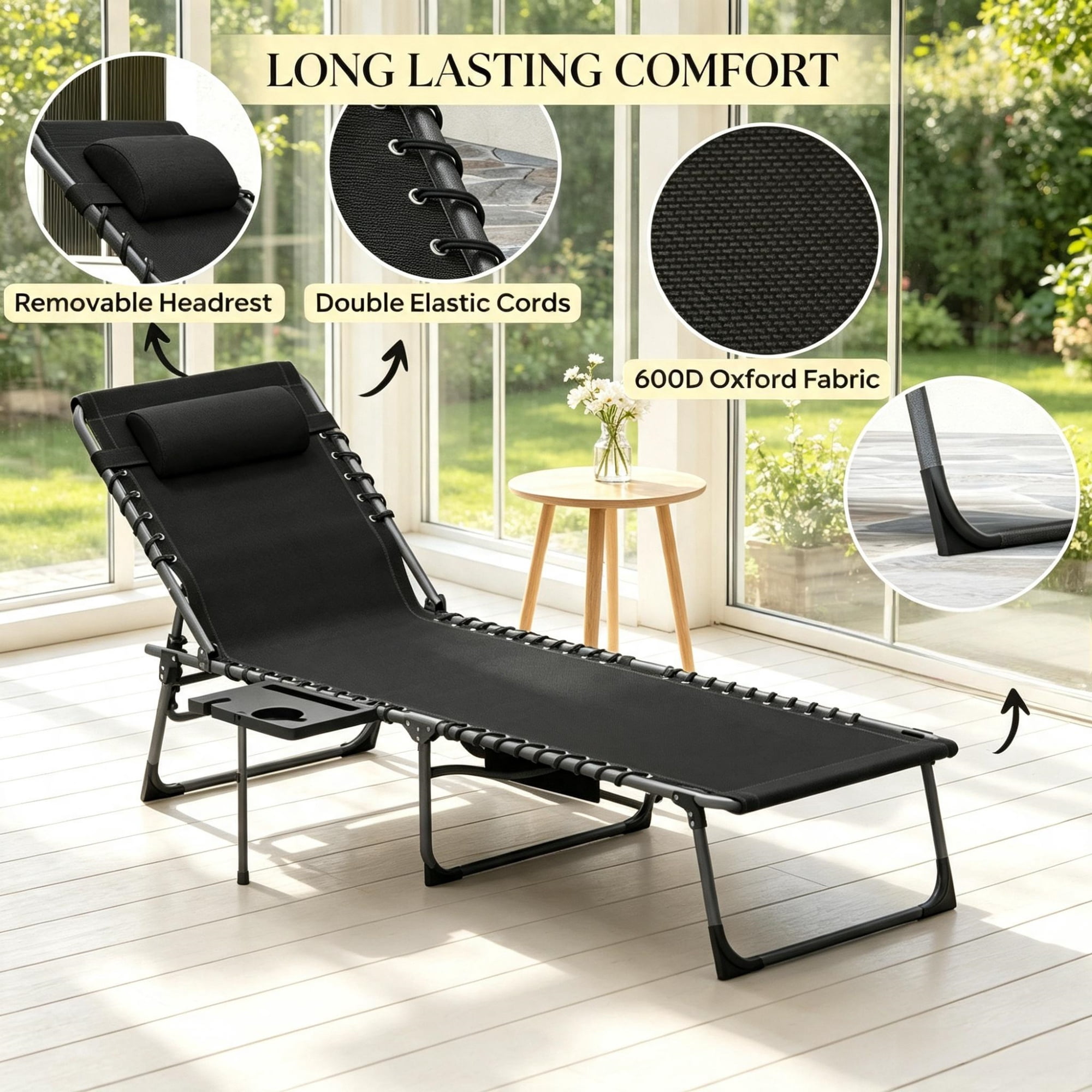 Outdoor Folding Chaise Lounge Chair, 5-Level Adjustable Tanning Chair, with Side Table, Pillow, Pocket, Black