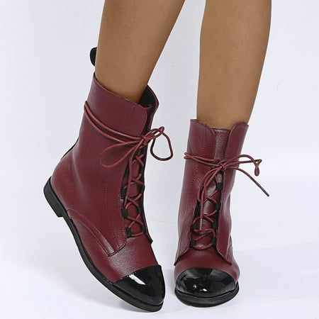 

Homadles Women s Boots on Sale Low Heel- Flats Round Toe Boots Wine Size 5.5