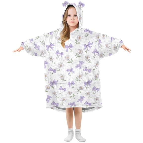 Wearable Blanket Hoodie for Kids Purple Bows and White Daisy Flannel Hooded Blanket with Pockets and Sleeves Suitable for Boys and Girls
