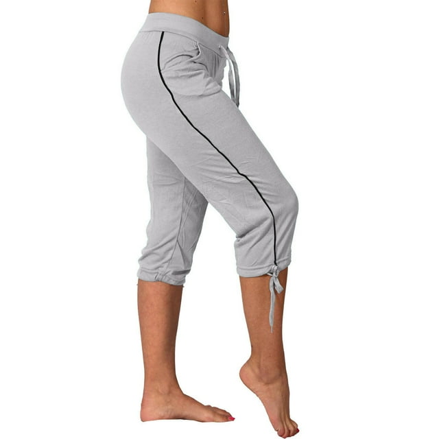 Jsaierl Drawstring Capris for Women Stretch Mid Waisted Capris with Pockets Summer Solid Color Comfy Yoga Pants Plus Size Workout Sweatpants