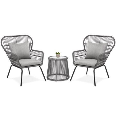Best Choice Products 3-Piece Outdoor All-Weather Wicker Conversation Bistro Furniture Set for Patio, Garden, Backyard w/ 2 Chairs, Glass Top Side Table, Weather-Resistant Seat & Back Cushions - (Best Outdoor Furniture For Salt Air)