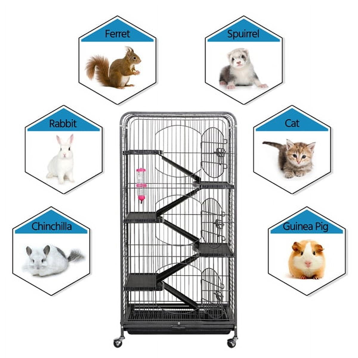 Alden Design Large 6 Level Rolling Pet Cage with 3 Doors, Pet Bowl, and Water Bottle for Small Animals, Black