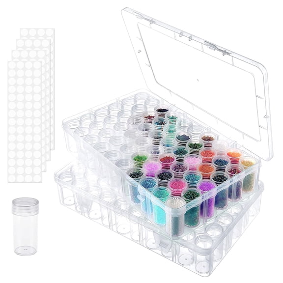 2 Pack 60 Grids Diamond Painting Storage Containers with Label Stickers, Clear Bead Storage Containers Box, Diamond Art Organizer Case for Drill Jewelry Craft Dots DIY Accessories