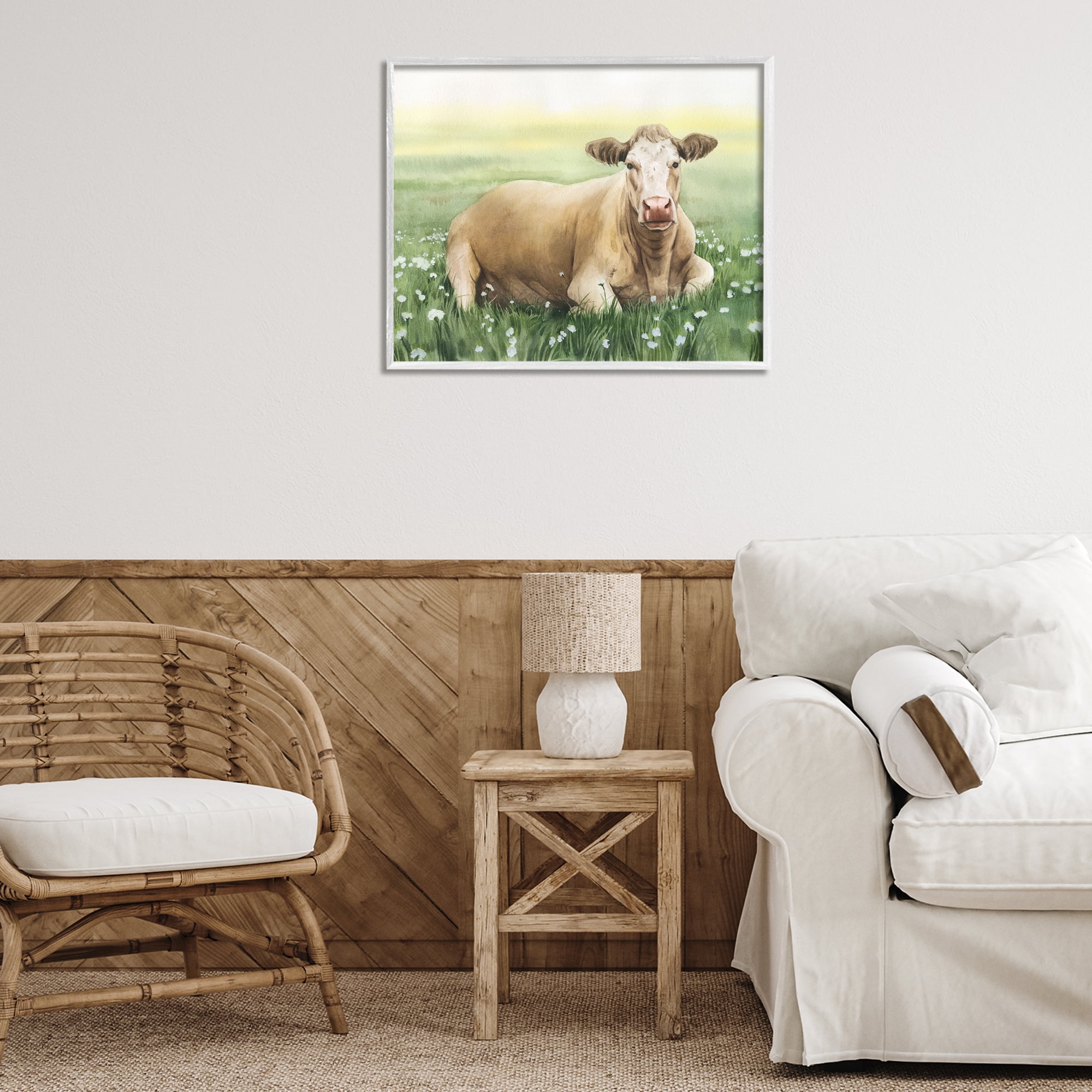 Stupell Industries Resting Beige Cow Animals & Insects Painting White Framed Art Print Wall Art, 30 x 24