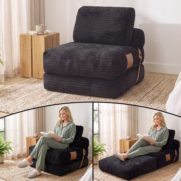 Dolonm Corduroy Boneless Folding Sofa Chair Bed with Pillow, Single Convertible Comfort Sleeper Sofa Bed for Living Room, Bedroom, Grey