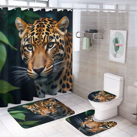 Leopard Print Pattern Shower Curtain Waterproof Bathroom Curtain Set with Hooks Home Decor Bathroom Curtains 4pcs