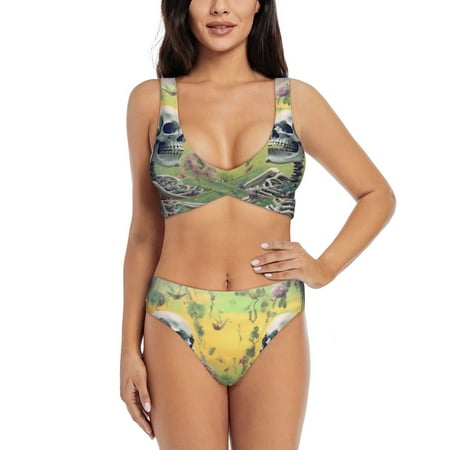 Zeuib Flower Butterfly Skull Couple High Waisted Tummy Control Bikini Set - Knot Front Push Up Top & Cheeky Thong Bottom  Two-Piece Swimsuit for Women-Medium