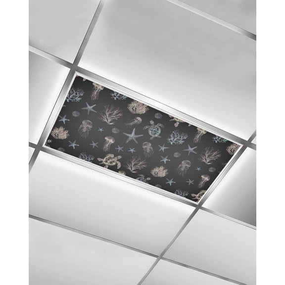 Fluorescent Light Covers for Ceiling Lights 1 Pack, Black Coastal Magnetic Ceiling Light Covers 2x4ft for Classroom Office School, Nautical Summer Beach Sea Turtle Starfish Drop Ceiling Light Shade
