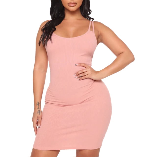 Cathalem Robe d'Été Mini pour Femmes Sans Manches Col en V Fendue Soirée Cocktail Longue Robe, Rose m