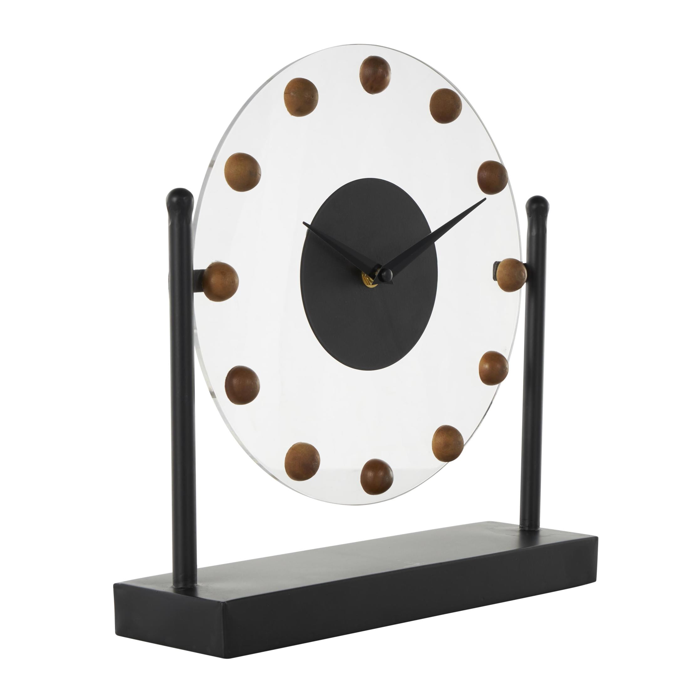 DecMode 11" Black Metal Acrylic Face Clock with Wood Ball Accents