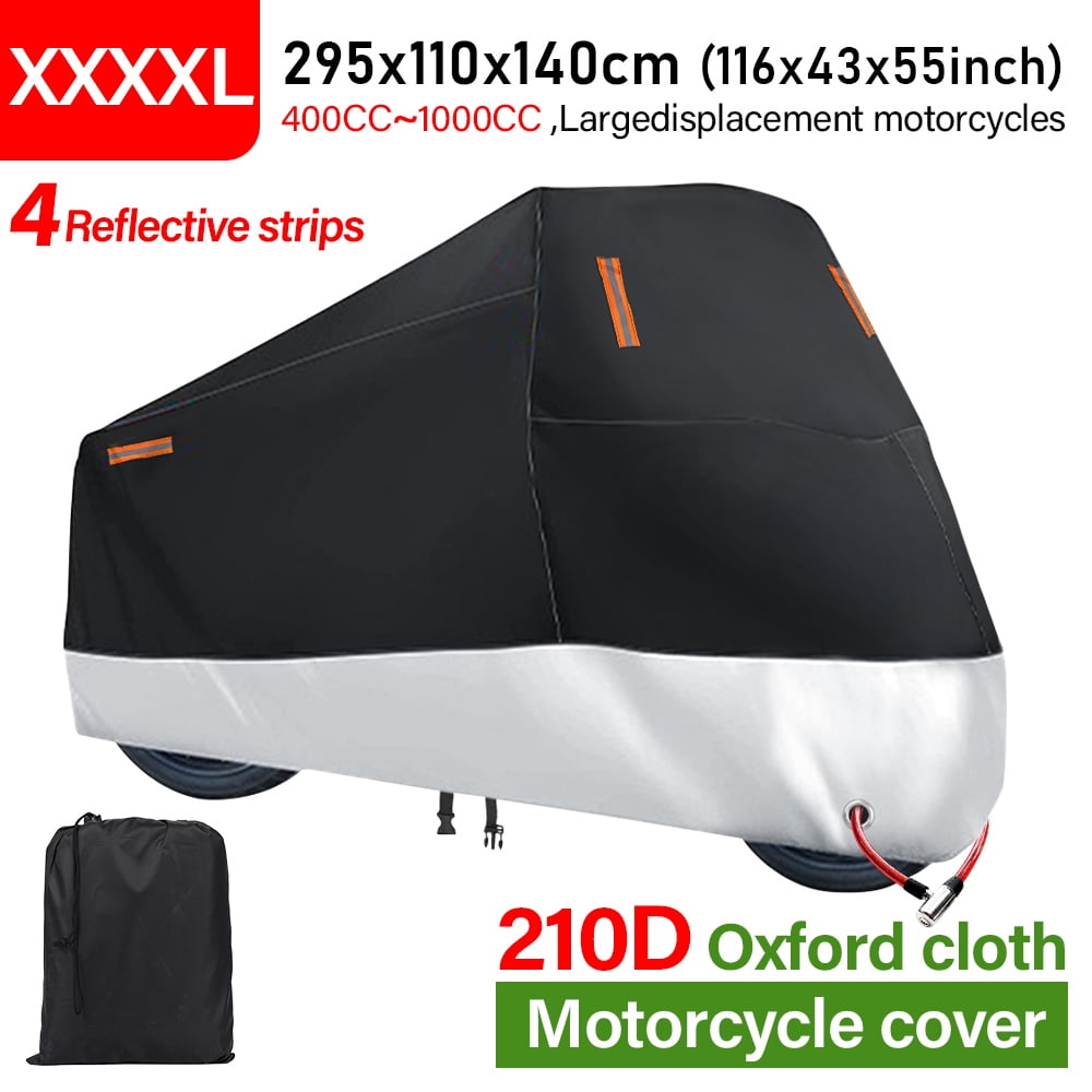 XiongXiong 4XL Motorcycle Cover All Season, 210D Weather Durable Waterproof Outdoor Protection Scooter Shelter Proof Night Reflective, Black&Silver