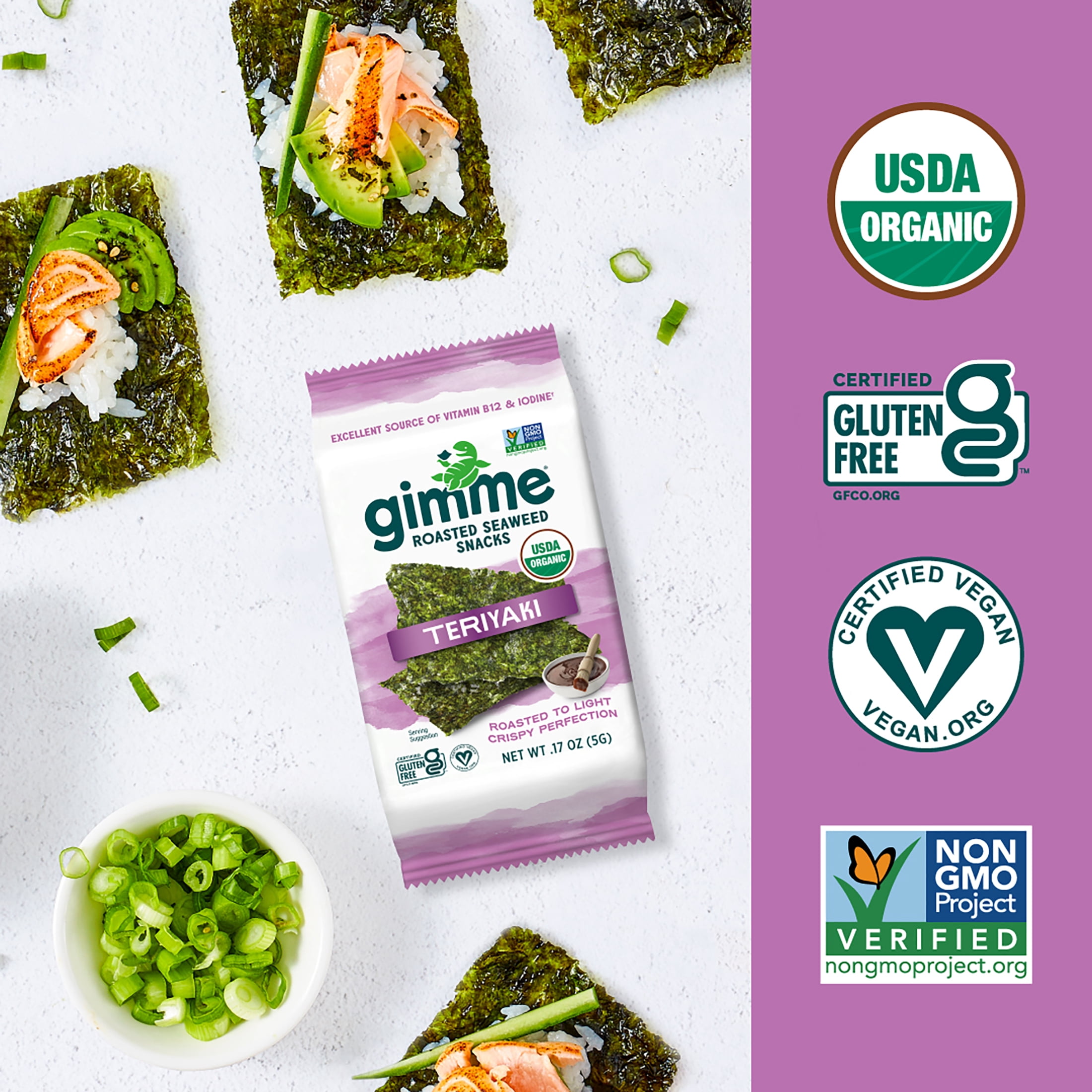 (6 pack) Gimme Organic Roasted Seaweed Snacks, Teriyaki Flavor, 4 Count, Light and Crispy