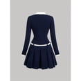 thumbnail image 2 of Navy Blue Long Sleeve Knit Dress With White Collar And Belted Waist, 2 of 4