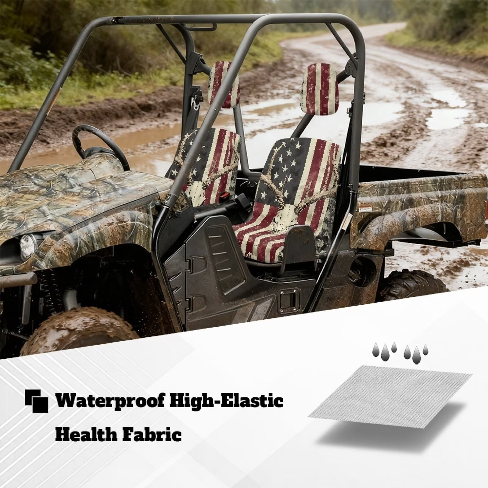 KUIFORTI American Flag UTV Seat Covers Anti-Scratch Seats Cover for UTV Fits with Rhino Bucket Seat Cover with Headrest Covers for Yamaha Rhino 700 660 450 2004-2021