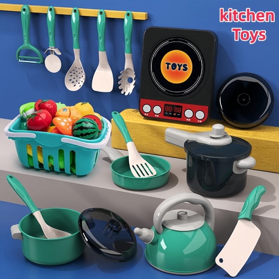LYMAYTER Toddler Mini Pretend Cooking Set 28/61/71/83/86Pcs Kids Realistic Kitchen Cookware Play Food Learning Toy Green