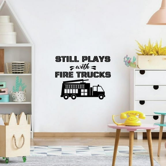 Still Plays With Fire Trucks Vinyl Wall Sticker Wall Art Wall Decal Girls Boys Kids Room Design Bedroom Nursery Kindergarten House Home Decor Stickers Wall Art Vinyl Decoration Size (22x30 inch)