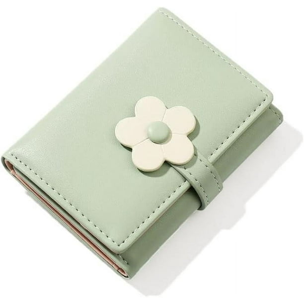Cartera linda para niñas y mujeres, mini billetera pequeña de tres pliegues, de cuero PU, con bolsillo para efectivo, tarjetero, monedero con ventana (verde, flor)
