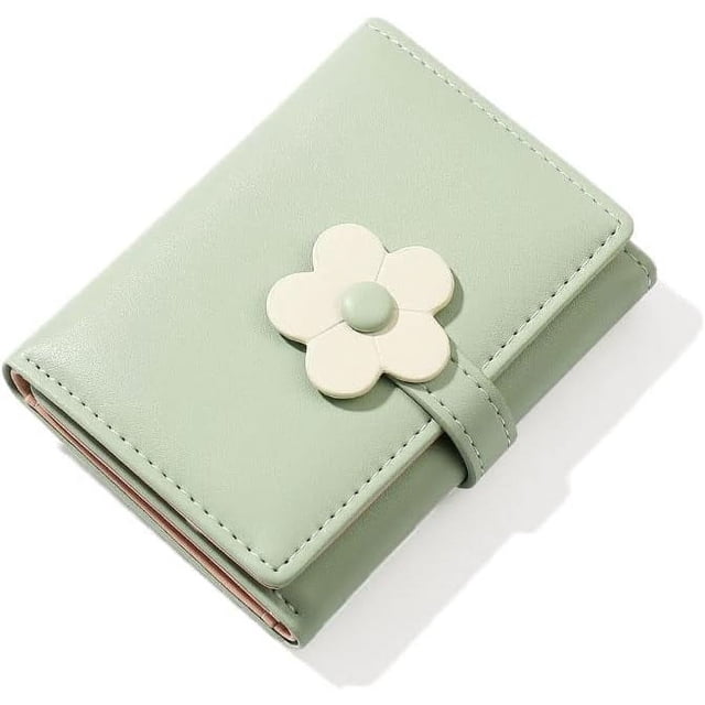 Cute Wallet for Girls Women Mini Small Tri-folded Wallet PU Leather Cash Pocket Card Holder Coin Purse with Window (Green, Flower)