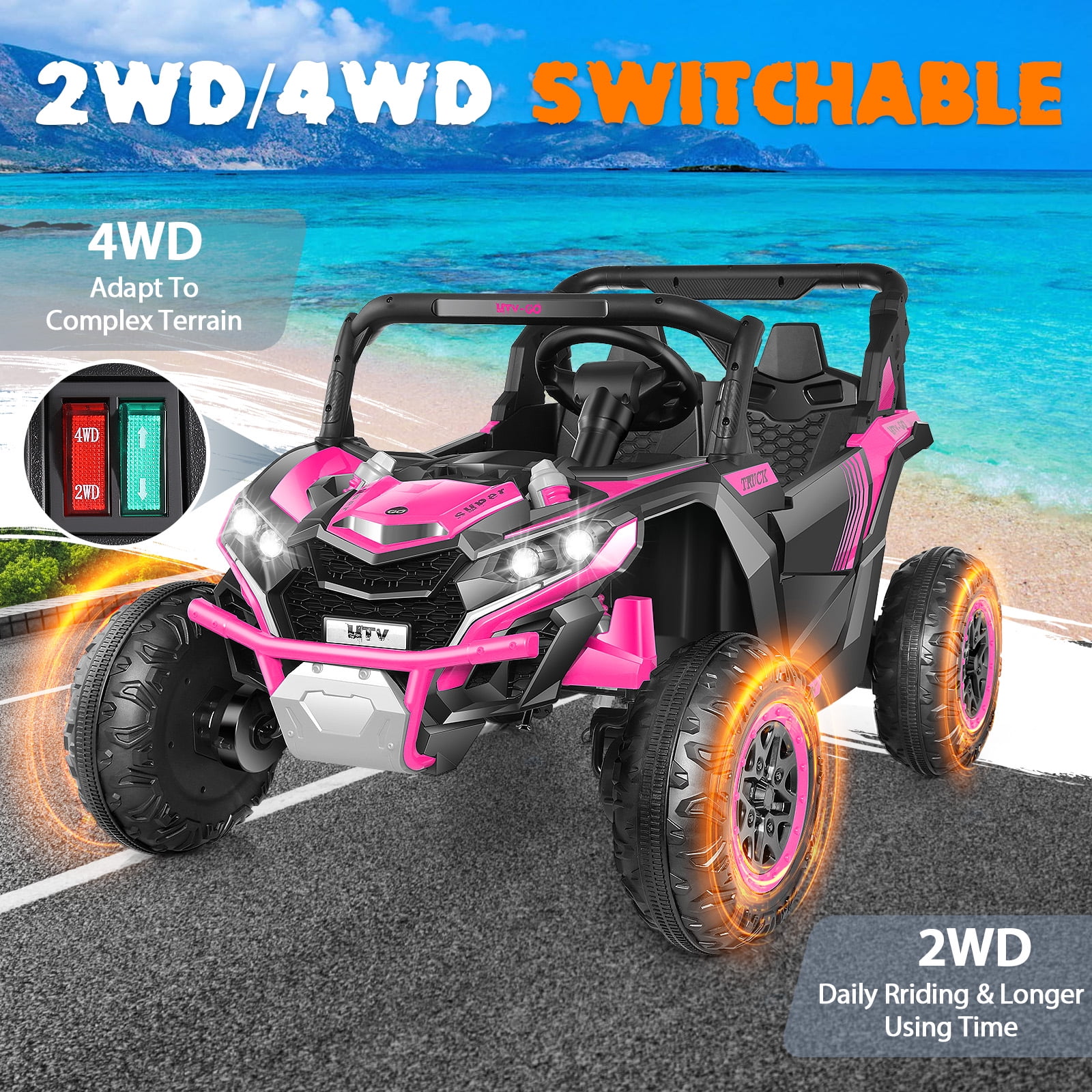 Funcid 24V Ride on Car for Kids, 2WD/4WD Switchable Ride on Car with Remote Control, 2 Seater Ride on Toys, UTV, Bluetooth, Music, LED Lights, Storage Space