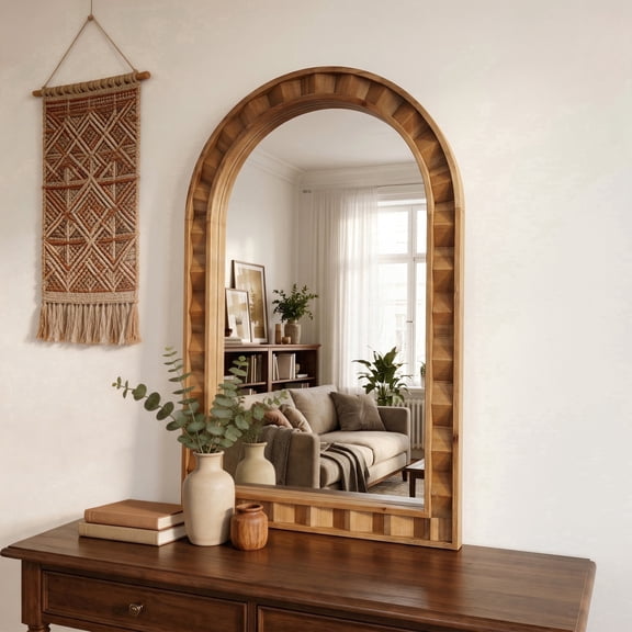 Langford Home 35.5" Textured Arched Window Wood Wall Mirror