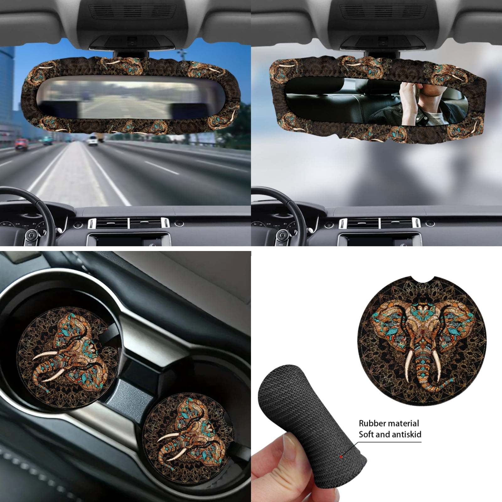 Yuyamidu 14 PCS Boho Car Seat Cover Elephant Steering Wheel Cover Seatbelt Strap Pad Trash Can Auto Armrest Cover Cushion Cup Coasters Rearview Mirror Cover Handbrake Cover Set