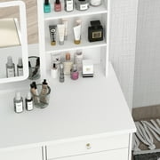 OXYLIFE Makeup Vanity Table Set with Sliding Lighted Mirror, 5 Drawers and Storage Shelves, Dressing Table Desk with Stool,White