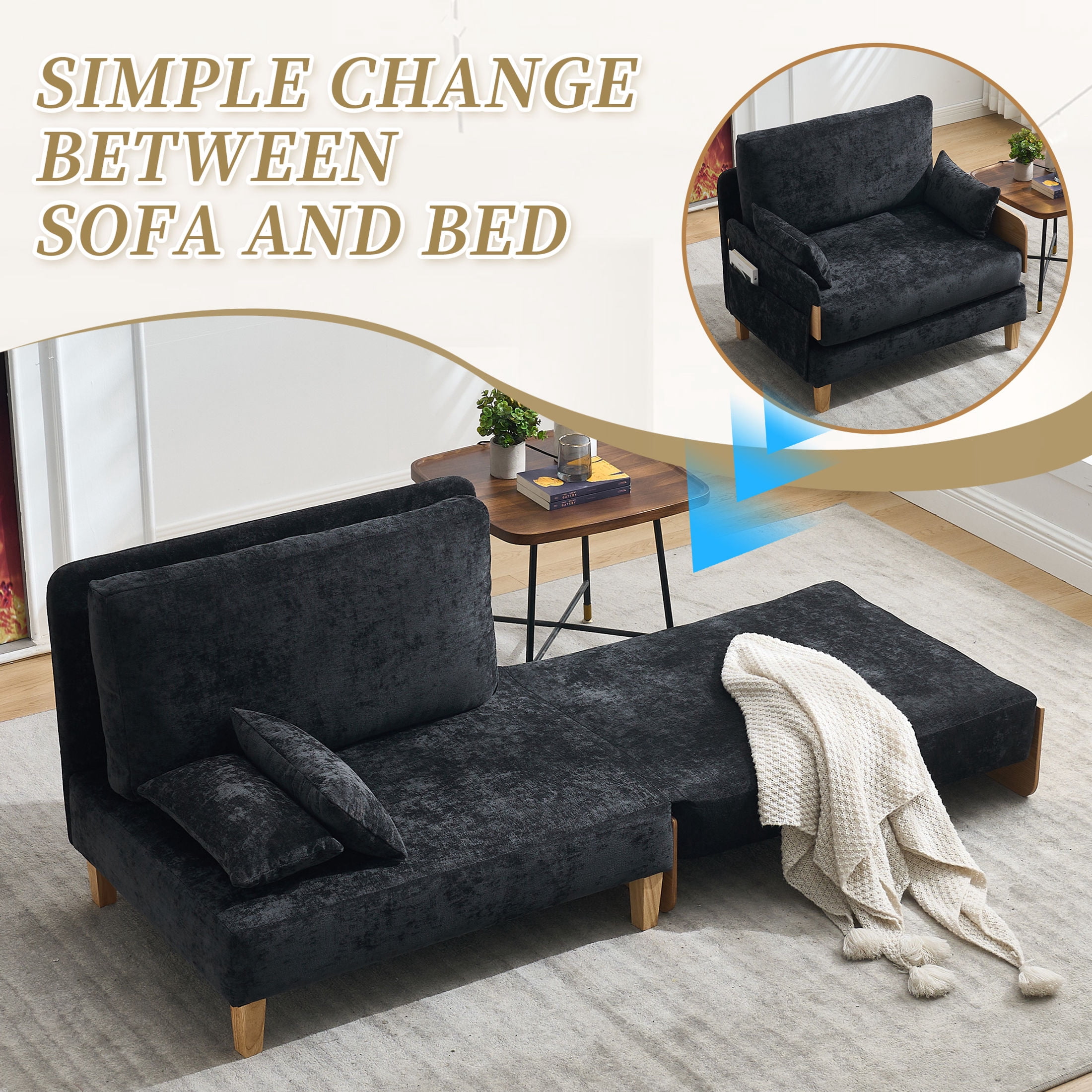 Noble House 3-in-1 Convertible Chenille Sofa Bed Chair, Foldable Sleeper Recliner with 3 Pillows, Black