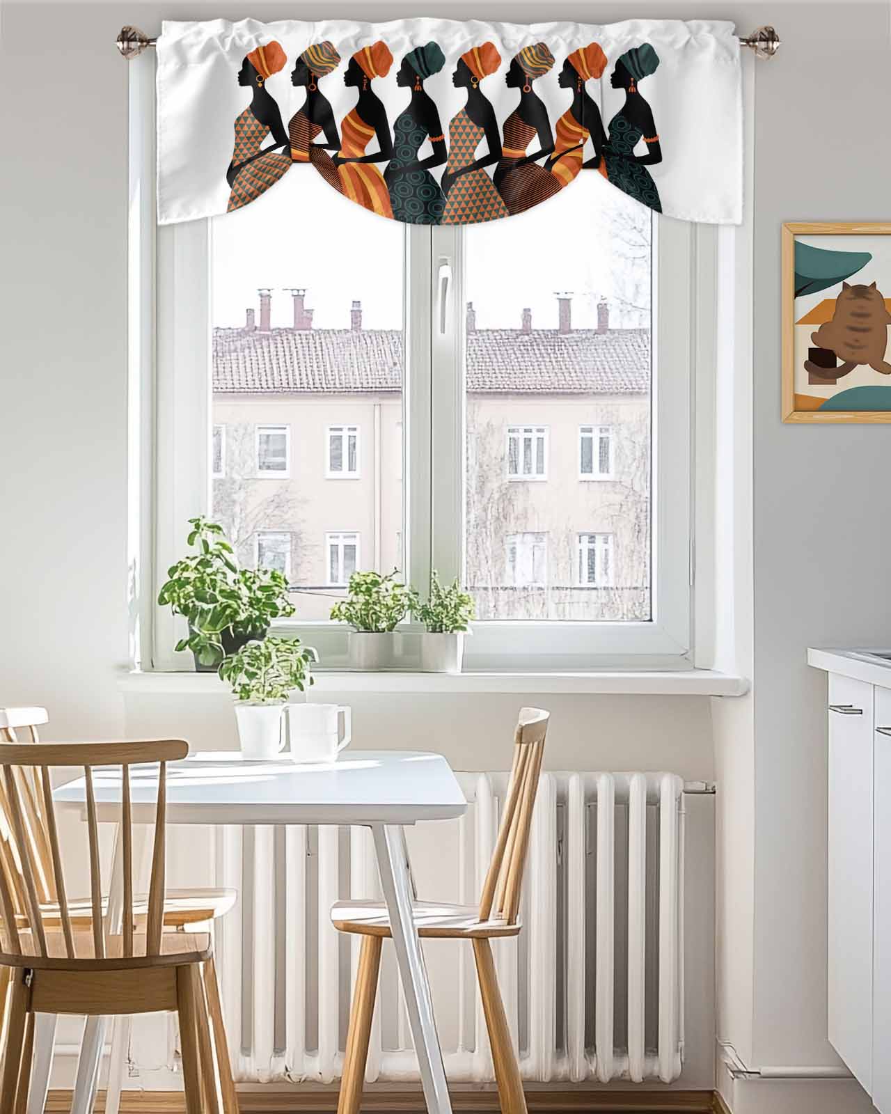 Black Girl African Tie Up Valances Curtain, Adjustable Kitchen Elegant Women Abstract Orange Geometric Tribal Valances for Windows Decor, Rod Pocket Short Curtains Set for Bedroom/Bathroom, 60"x18"