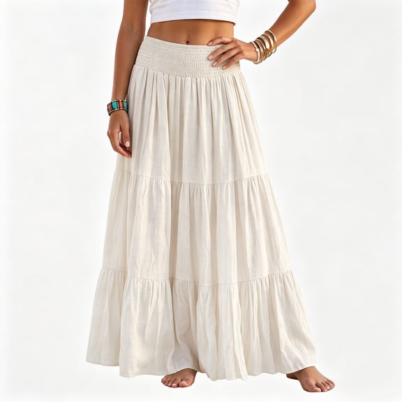 Yungyresw Women's Casual Maxi Skirt Elastic Waist Loose Flowy Tiered Skirts Boho Style Comfortable Solid A Line Skirt For Women Beige L