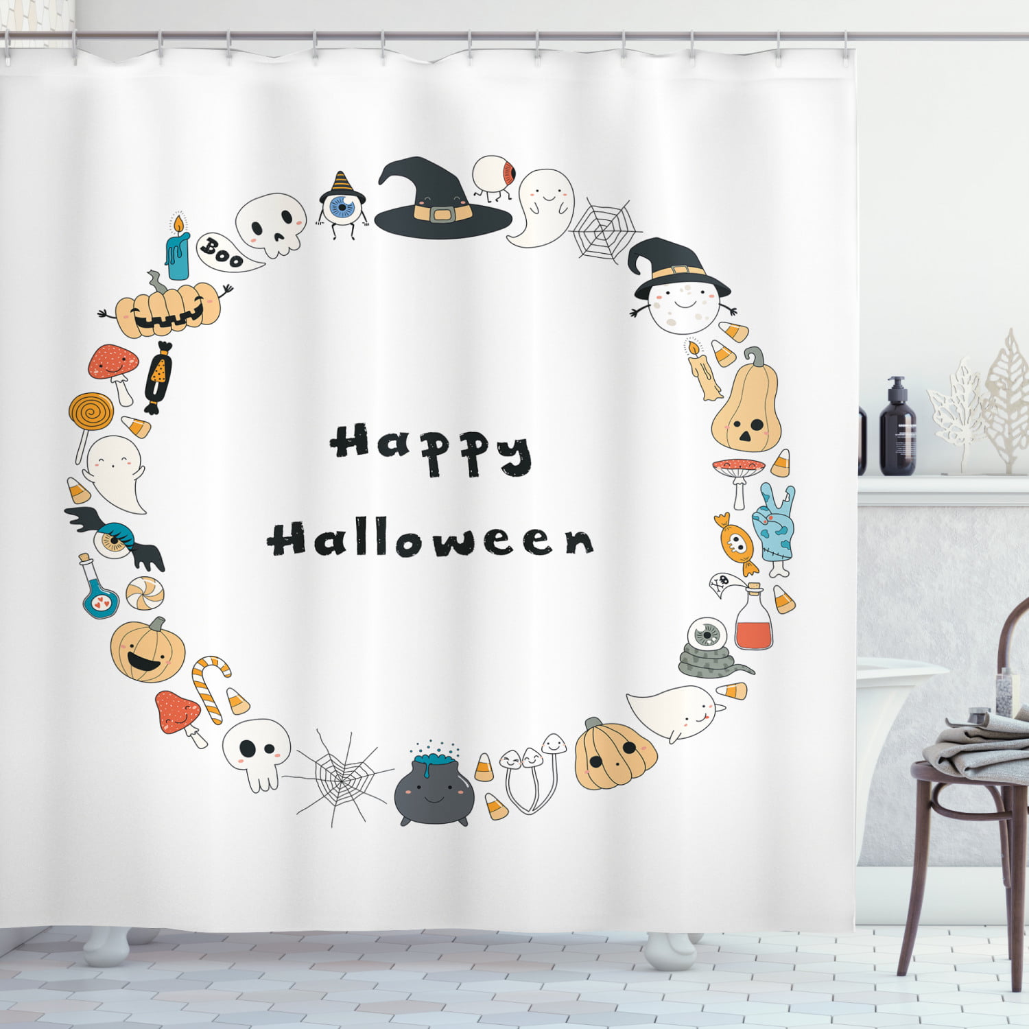 Cartoon Design Halloween Pumpkin Ghost Spider Shower Curtain Set Bathroom Decor 