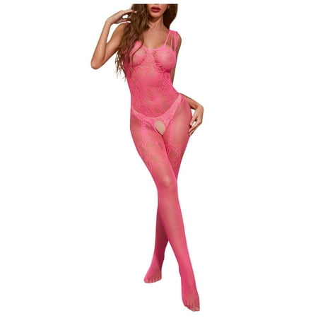 

KDDYLITQ Women Jumpsuit One Size Tights Bodystocking Bodysuit Sexy Lingerie Fishnet Nightwear Hot Pink One Size