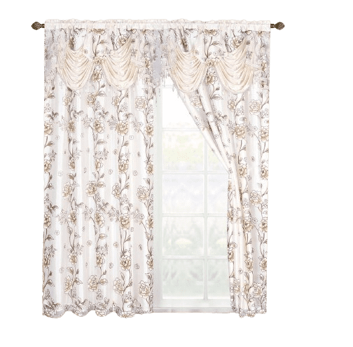 2 Piece Daniela Printed Flowers Luxury Jacquard Attached Valance with Long Crystals Beads and Tassels Window Curtain (54 inches wide x 84 inches long)