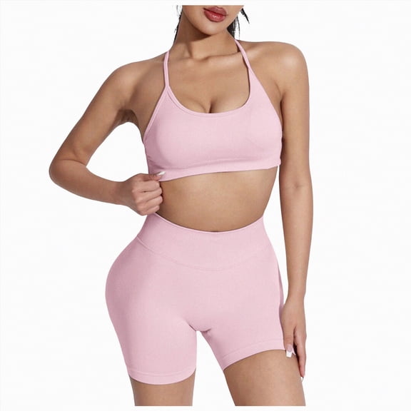 Hessimy Workout Sets for Women 2 Piece Padded Sports Bra Tank High Waist Booty Gym Shorts Active Yoga Outfits(Pink,M)