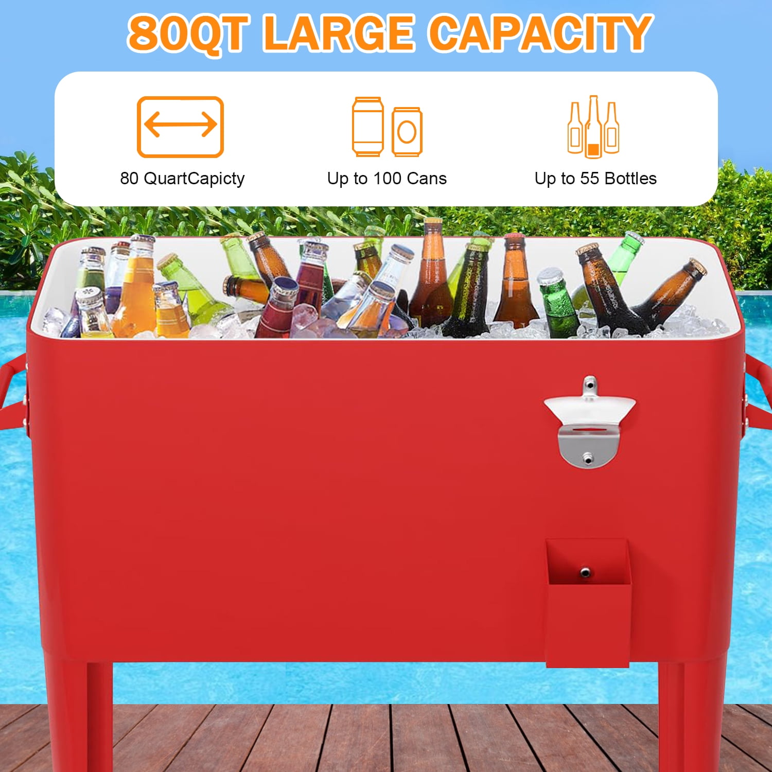 80 Quart Outdoor Cooler Cart Rolling Ice Cooler Ice Chest with Wheels Portable Drink Cooler for Parties, Poolside, Patio, BBQ Beach（Red）