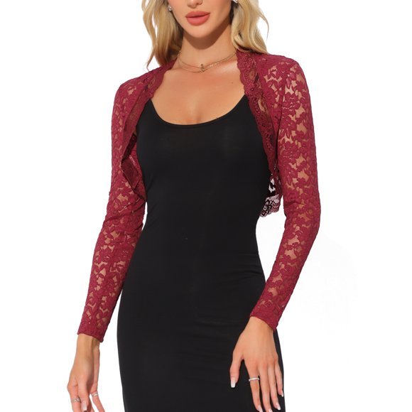 Inspire Chic Cárdigan Corto de Encaje para Mujeres, Floral, de Manga Larga, Abierto por Delante, Color Rojo Oscuro, Talla S