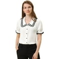 thumbnail image 1 of INSPIRE CHIC Women's Sweet Peter Pan Contrast Collar Short Sleeves Button Up Blouse Tops White L, 1 of 5