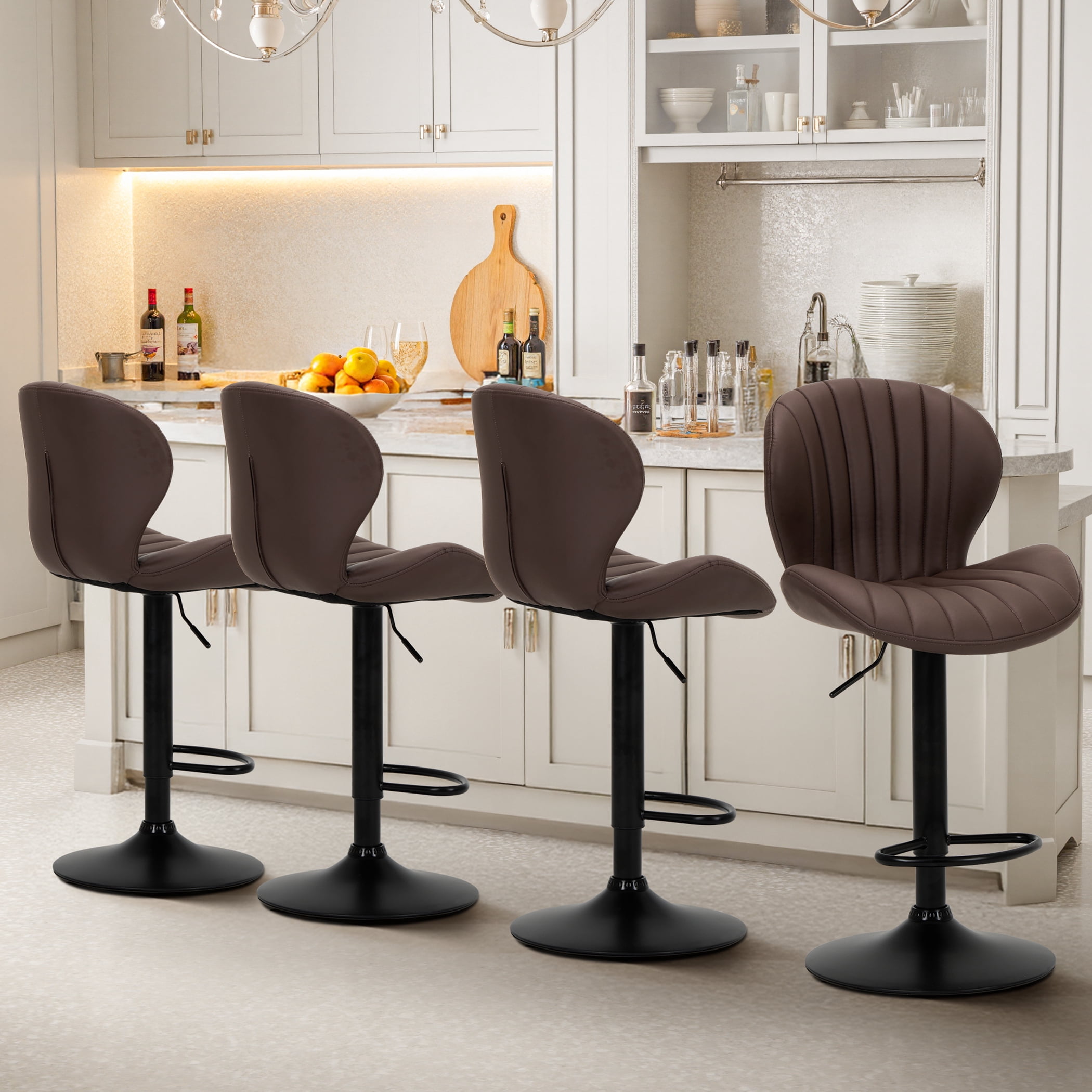 EOP Swivel Bar Stools Set of 2, Modern Upholstered Adjustable Height Counter Stools with Footrest, Faux Leather Upholstered BarStools with Metal Frame, Bar Chairs with Backrest, Brown