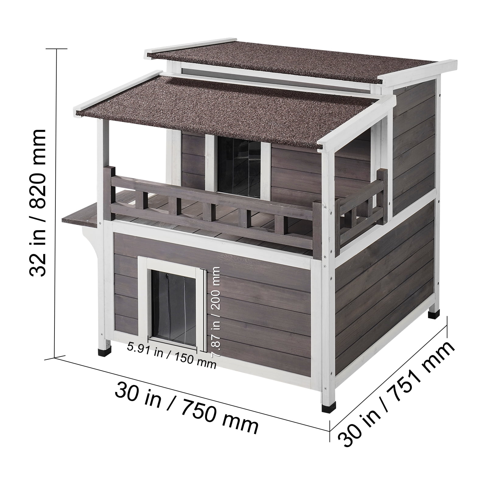 KFFKFF Cat Wooden Shelter 30"L x 30"W x 32"H, Weather-Resistant Outdoor Cat Home, Dual-Level Spacious Outdoor Timber Feline Residence with Terrace, PVC Entry Covers, Detachable Top