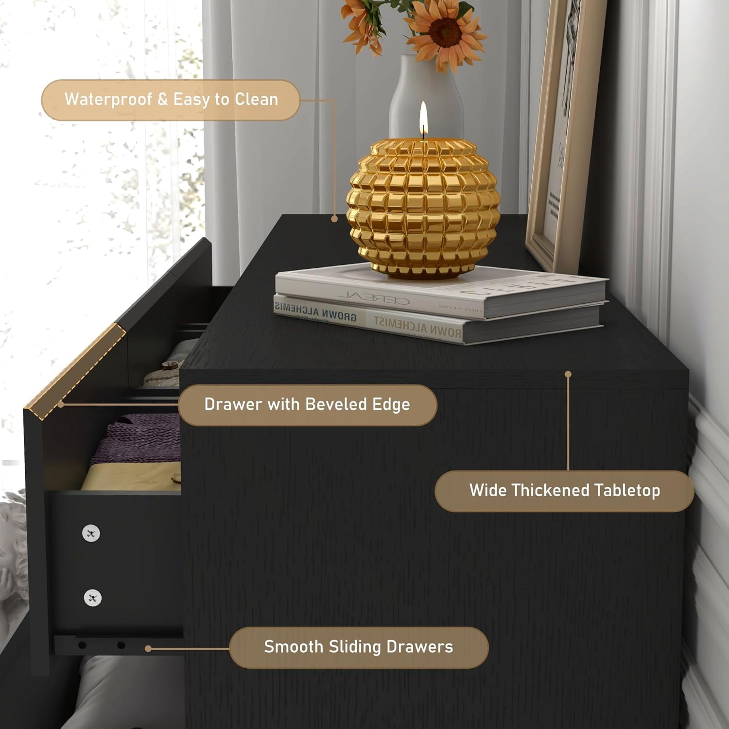 Blotout Black Malm Dresser for Bedroom, 55" Long Dresser High Gloss Dresser with 7 Drawers, Large Wood Chest of Drawer Handle Free, Dresser for Bedroom, Living Room, Entryway, Hallway