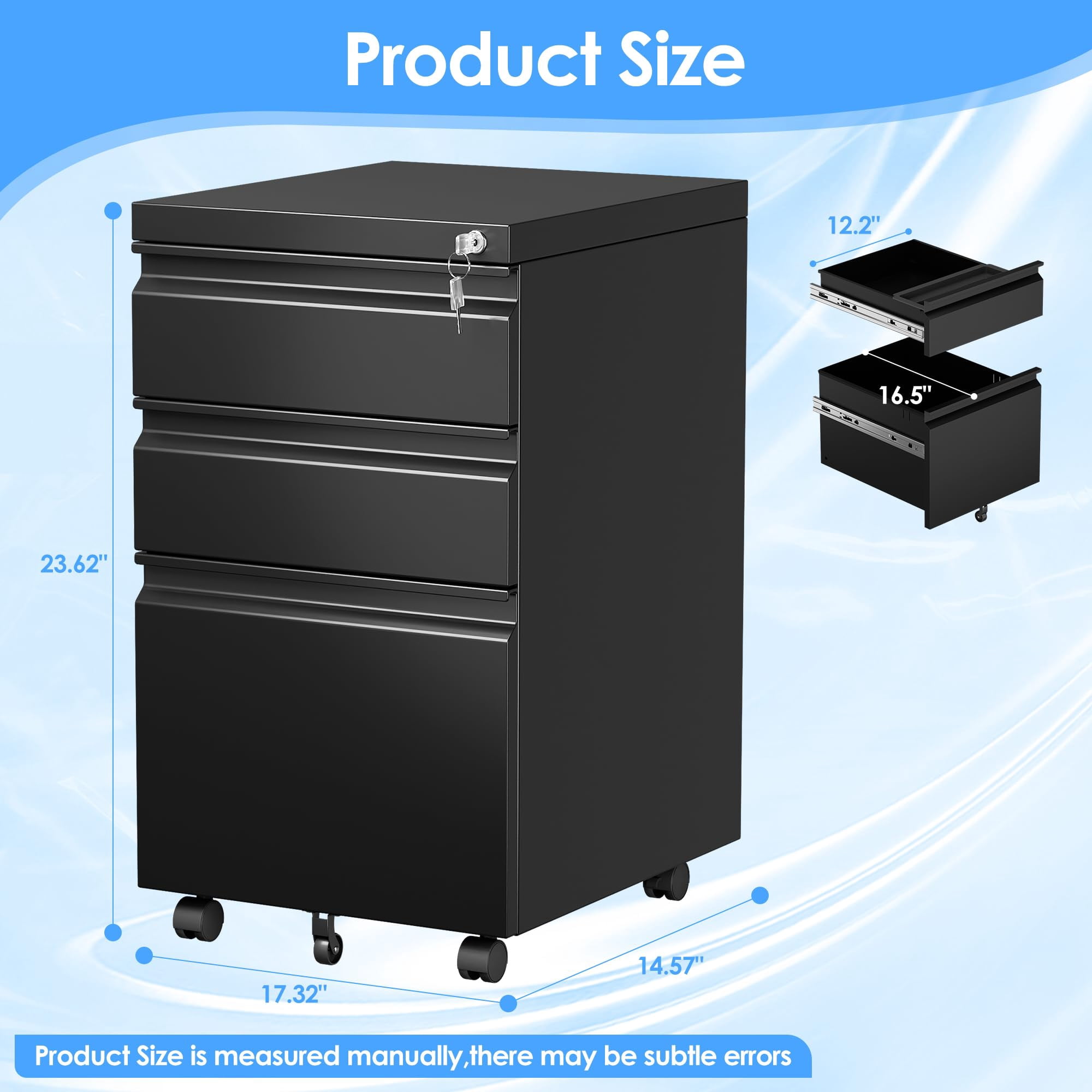 Under Desk Locking File Cabinet 3 Drawers, Metal Storage Organizer for Office Home, Legal Letter Size Documents, Compact Design, Sturdy Steel Construction, Black