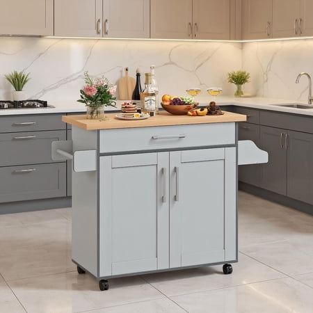 Topcobe Rolling Kitchen Island Cart with Towel and Spice Rack Portable Kitchen Island Kitchen Carts on Wheels with Storage Gray