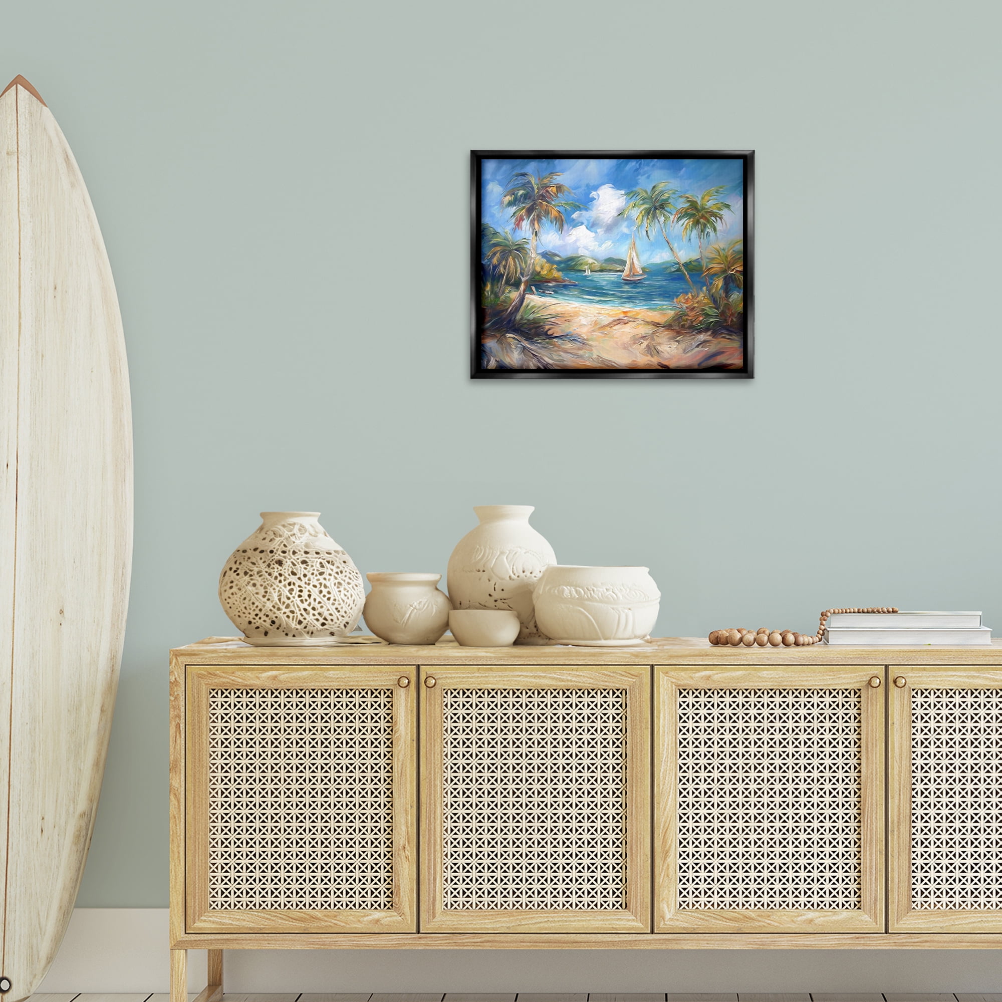 Stupell Industries Paradise Beach Harbor Coastal Painting Black Floater Framed Canvas Art Print Wall Art, 21 x 17