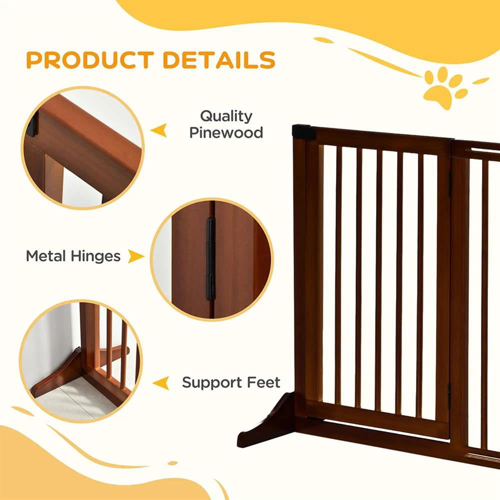 Barara King Freestanding Length Adjustable Wooden Pet Gate with Lockable Door 3 Panels, Brown