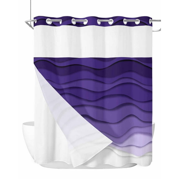 No Hook Cloth Fabric Shower Curtain with Snap in Liner, Purple Ombre Stripes Waterproof Shower Curtains Set with See Through Top Window, Gradient Abstract Ocean Waves Art Bath Curtains Shower 72"x78"