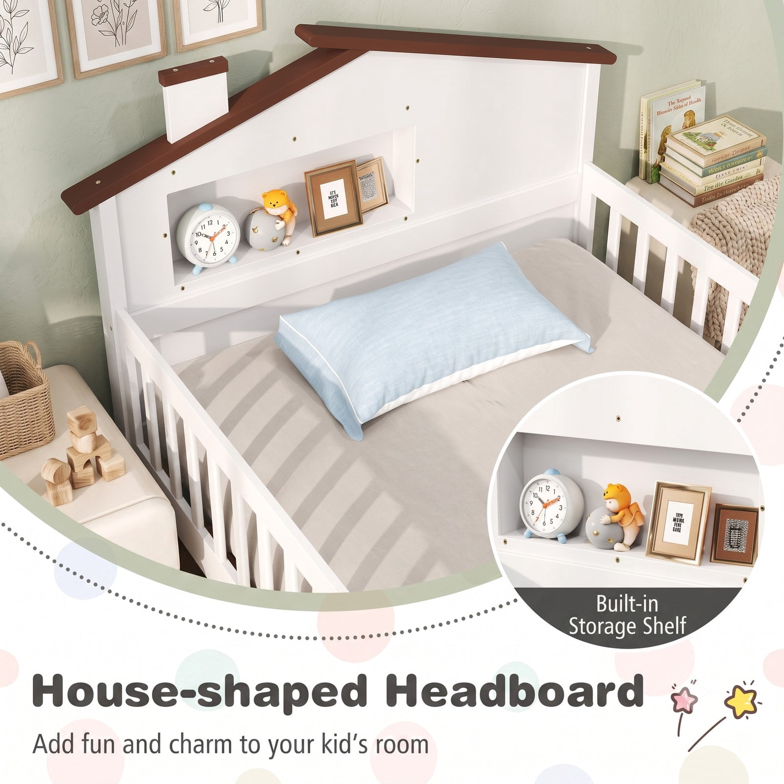 Furnibear Full Size Bed Frame Montessori Floor Bed with House Headboard and Storage Shelf and Guardrails for Kids Room, White